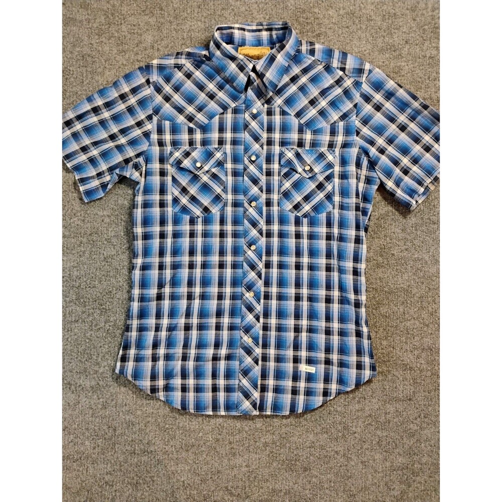 Wrangler Western Shirt Mens Large Blue Plaid Pearl Snap Short Sleeve Cowboy